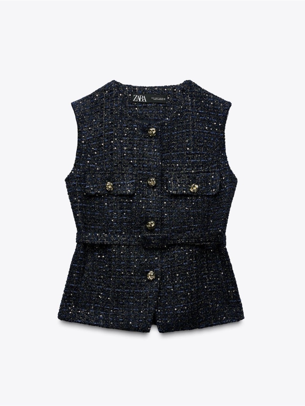 Zara Navy Tweed Sleeveless Vest with Gold Buttons